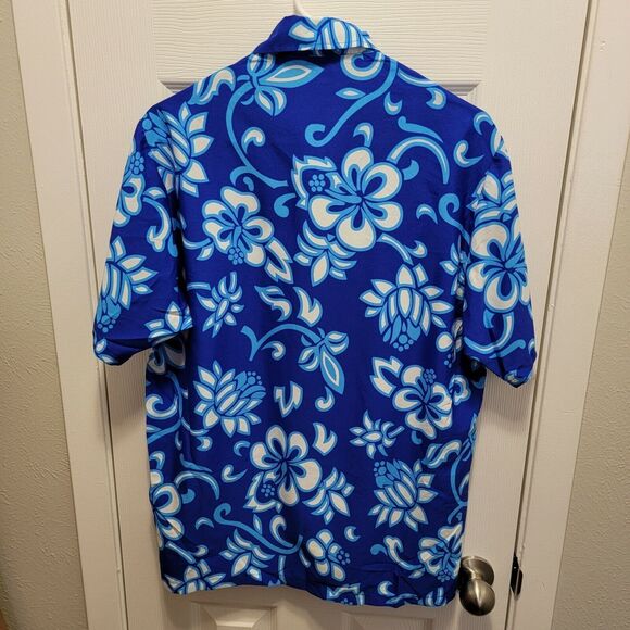Vintage La La Leela Short Sleeve Floral Hawaiian Aloha Shirt Mens M Blue White - Picture 2 of 5